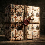 Orthodox Christian icon wrapping paper on a rustic gift box with twine, by Wrapped Studios.