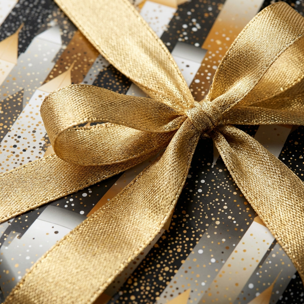 Close-up of luxury gift wrap with gold ribbon on a black and gold modern patterned gift box.