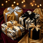 Elegant gifts wrapped in luxury gift wrap with gold, silver and black ribbons, perfect for Christmas or birthday.