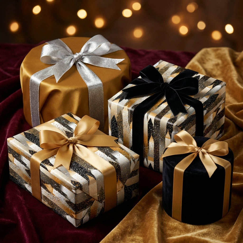 Elegant gifts wrapped in luxury gift wrap with gold, silver and black ribbons, perfect for Christmas or birthday.