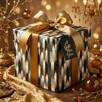 Elegant gift box with black, silver & gold wrapping paper, tied with a gold ribbon and "A Gift For You" tag.