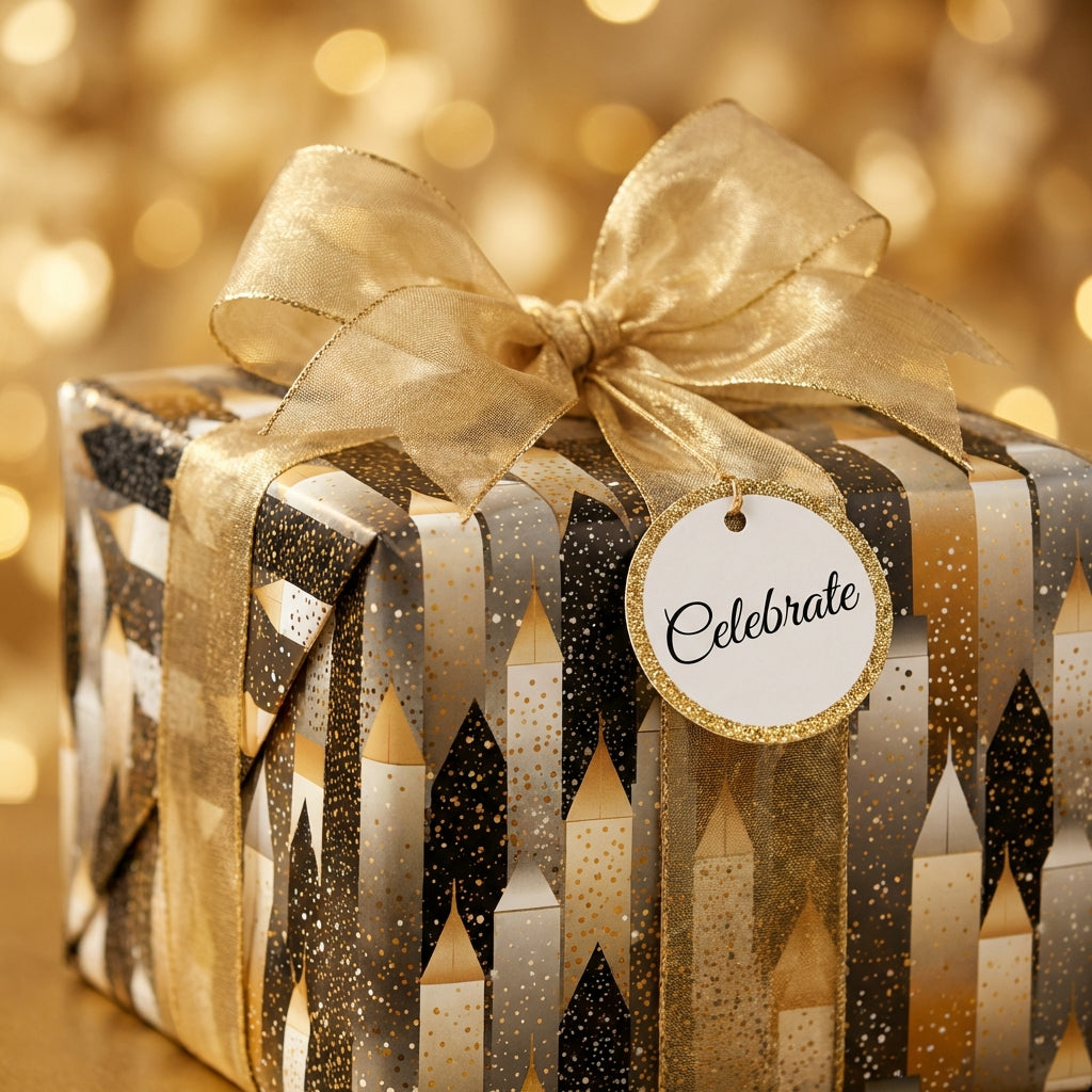 Elegant gift wrapped in modern black and gold wrapping paper with "Celebrate" tag and gold ribbon.