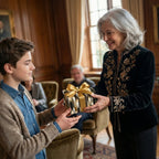 Teen receives a gift wrapped in modern black, gold and white gift wrap with gold ribbon.