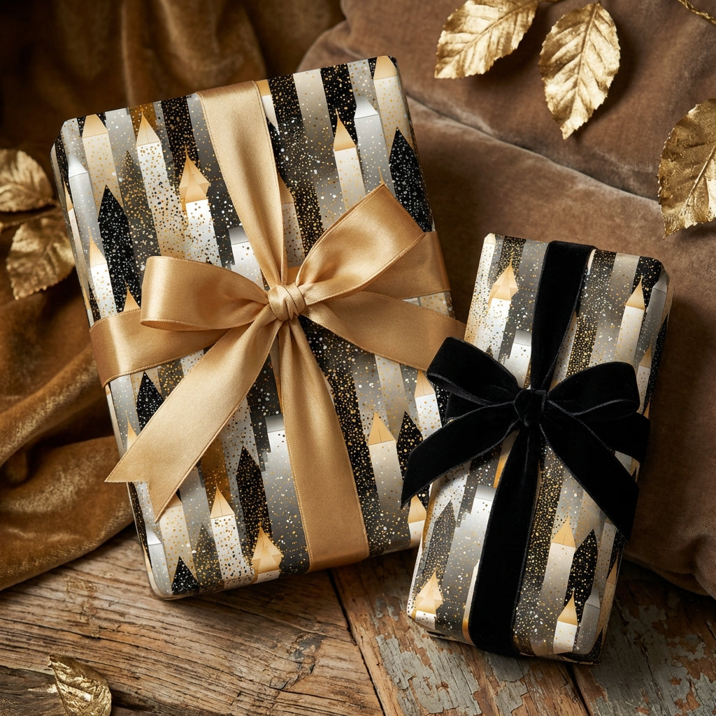 Elegant geometric wrapping paper with gold and black ribbons on gifts.