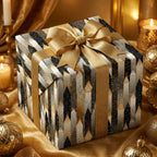 Elegant Christmas gift wrapped in black, gold, and silver patterned luxury gift wrap with gold ribbon and bow.