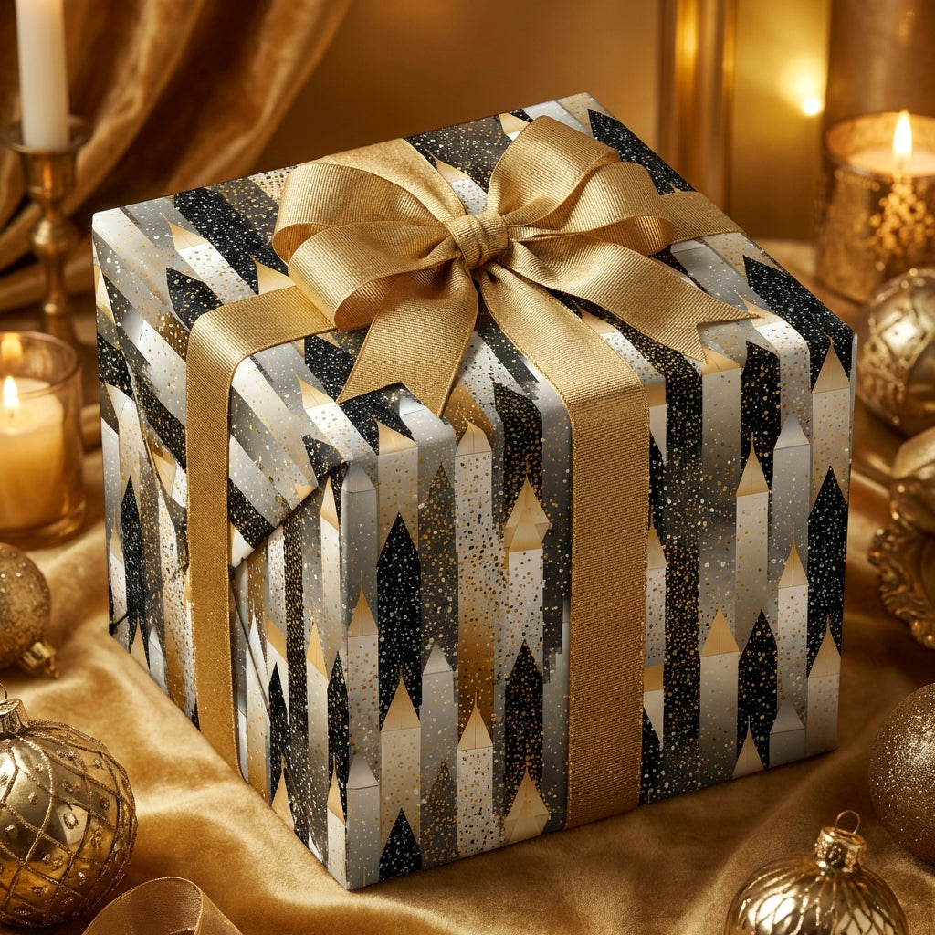 Elegant Christmas gift wrapped in black, gold, and silver patterned luxury gift wrap with gold ribbon and bow.