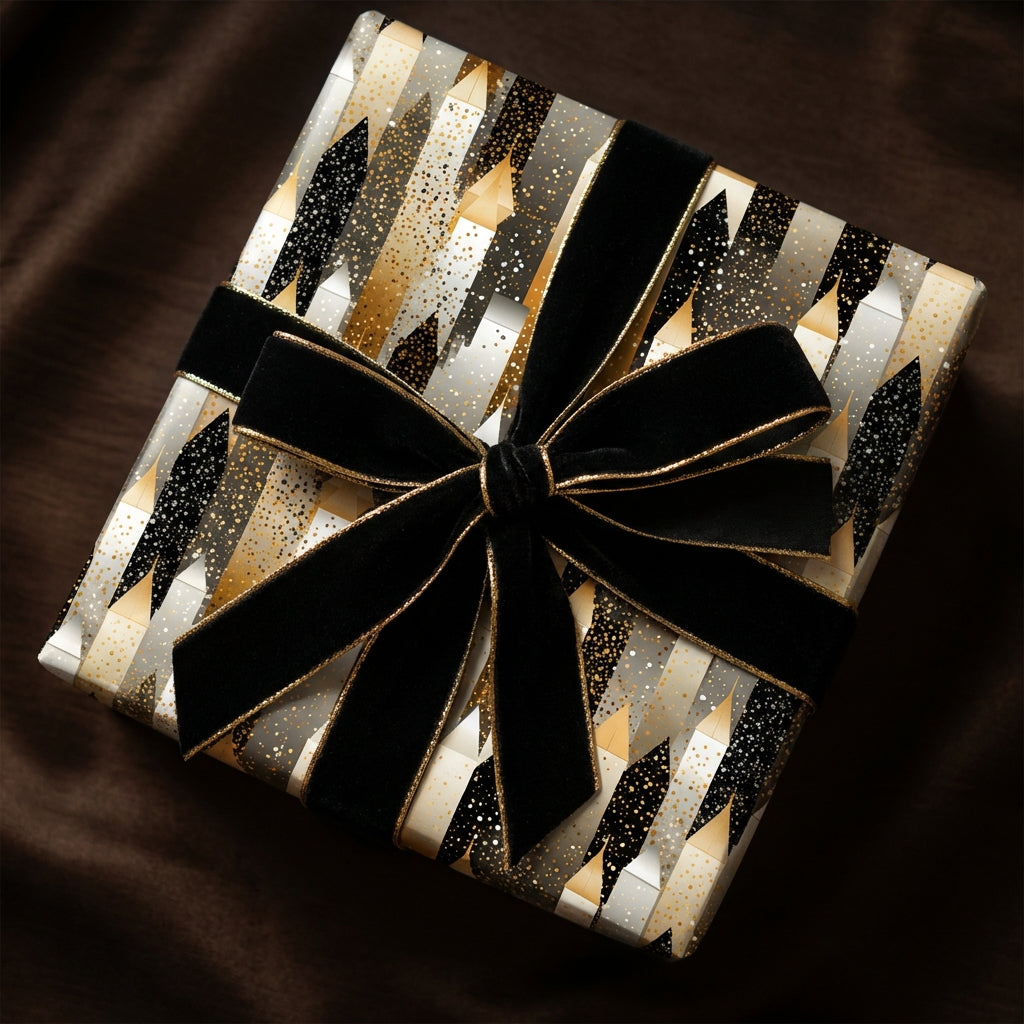 Elegant gift wrapped in modern black, gold, and white wrapping paper with a black velvet bow.