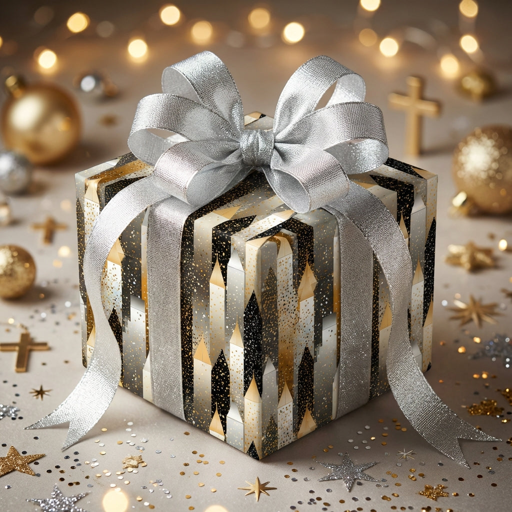 Elegant gift box with black, gold and silver wrapping paper, tied with a shimmering silver bow, holiday theme.