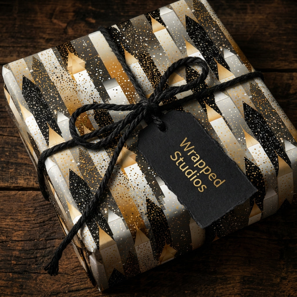 Elegant gift wrapped in black, gold and silver patterned wrapping paper with twine and black tag.