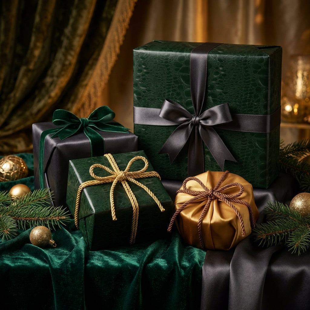 Elegant holiday gift wrap featuring green and gold luxury wrapping paper with ribbon bows.
