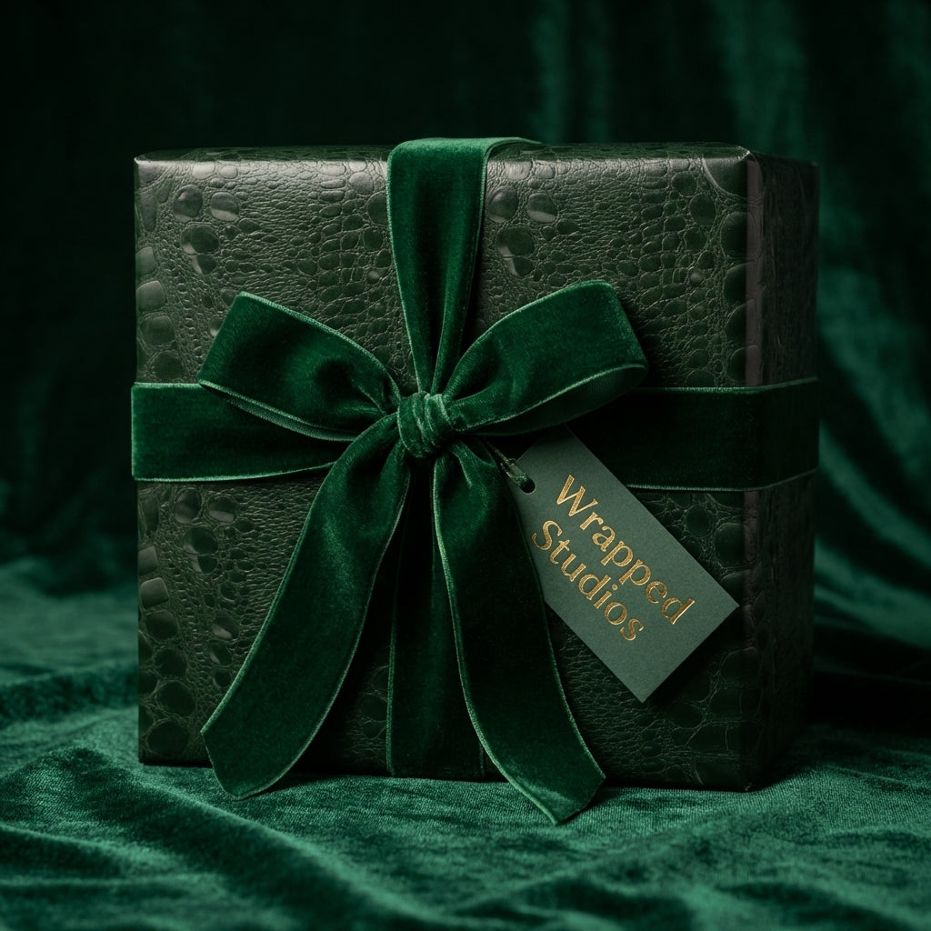 Wrapped Studios luxury gift wrap: Emerald green reptile print with velvet ribbon bow.