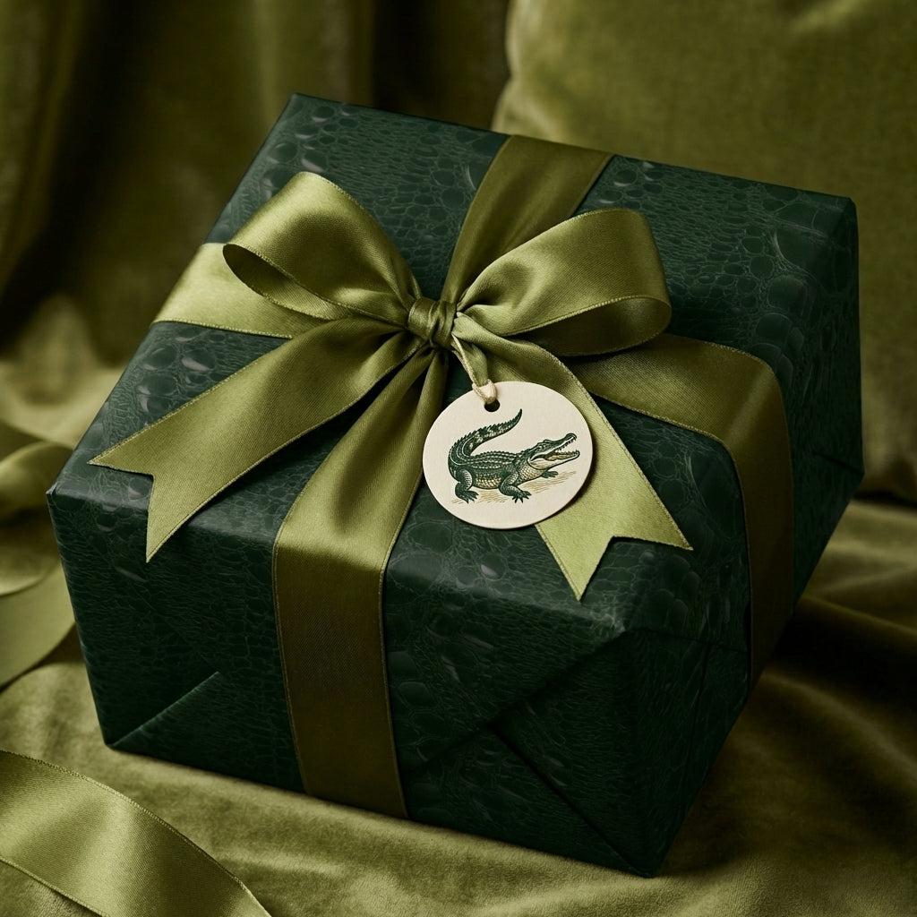 Dark green wrapping paper with alligator print and olive satin ribbon bow.