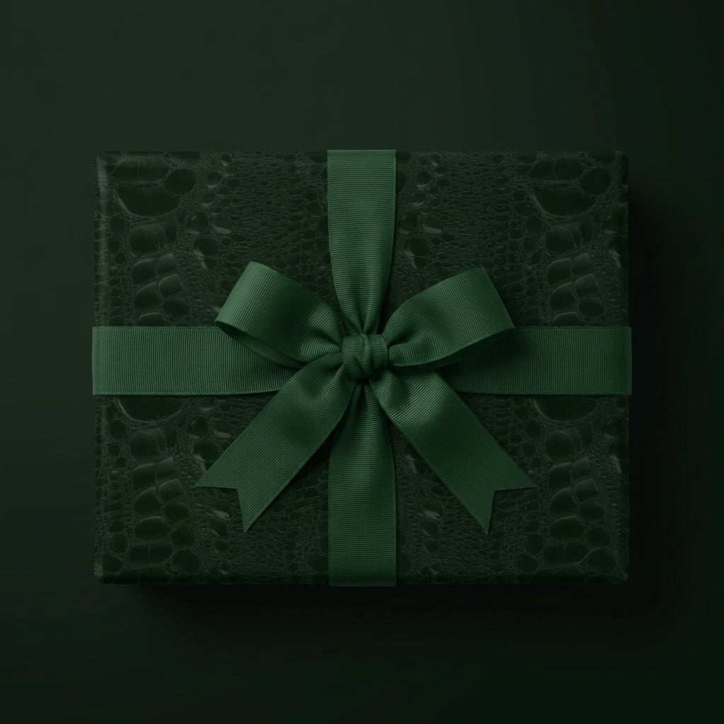Dark green luxury gift wrap with crocodile texture and ribbon bow.