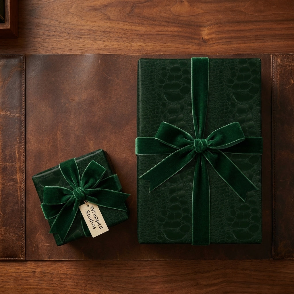 Elegant emerald green gift wrap with velvet ribbon bow from Wrapped Studios.