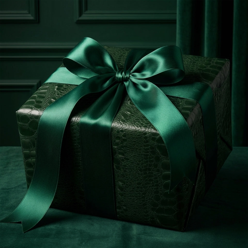 Dark green textured luxury gift wrap with satin ribbon, Wrapped Studios.