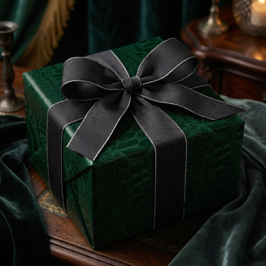 Luxury gift wrapped in dark green faux alligator paper with a black ribbon bow from Wrapped Studios.