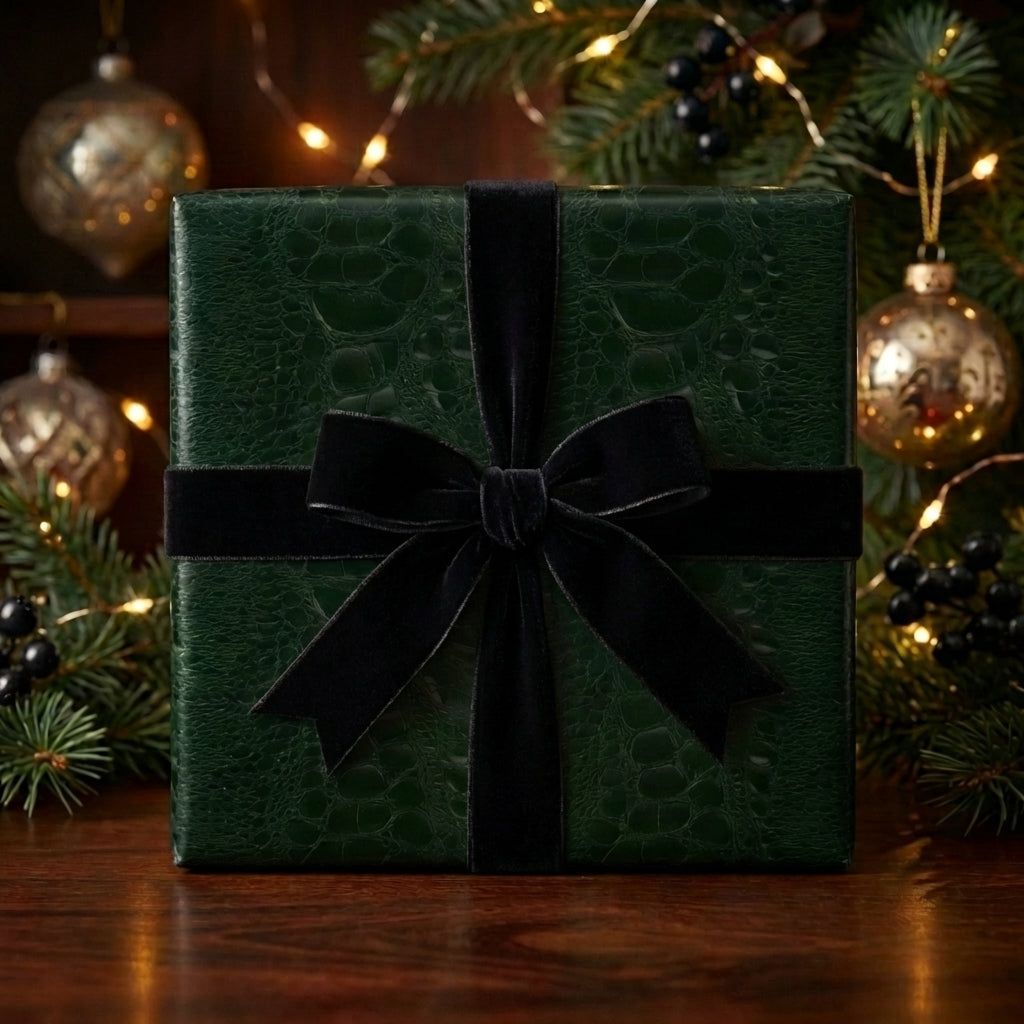 Dark green Christmas gift wrap with black velvet ribbon, festive ornaments and tree boughs. Wrapped Studios.
