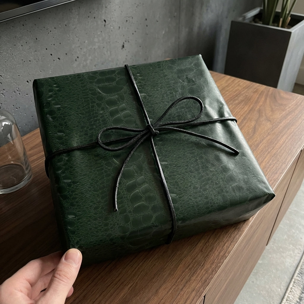 Elegant gift wrapped in green crocodile print paper with a black string bow.