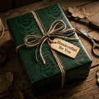 Elegant Wrapped Studios gift with green textured paper, twine bow, & "Handcrafted for You" tag.