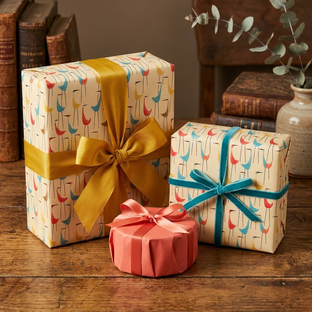 Retro mid-century modern bird wrapping paper on gifts with satin and velvet ribbons by Wrapped Studios.