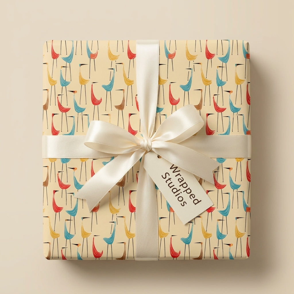 Retro mid-century modern bird wrapping paper on a gift box with a white satin bow by Wrapped Studios.