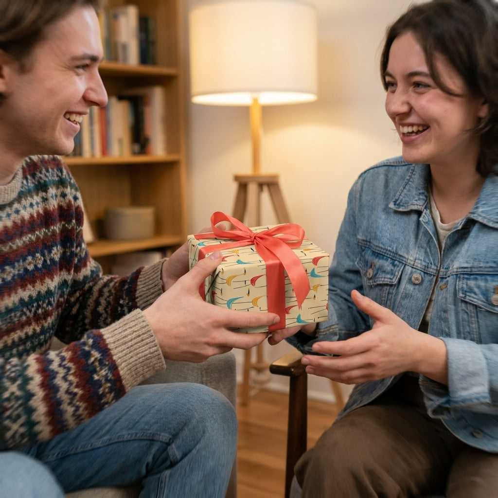 Retro birthday wrapping paper on a gift with a red bow, exchanged by a smiling couple. Wrapped Studios