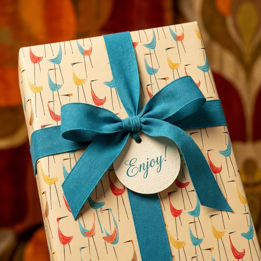 Retro mid-century modern bird wrapping paper with a teal ribbon and "Enjoy" tag by Wrapped Studios.
