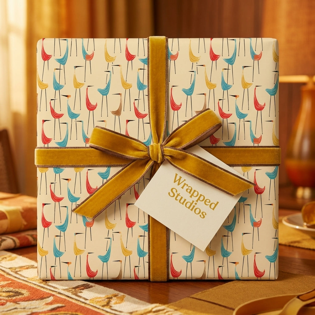 Retro mid-century modern bird wrapping paper with a yellow velvet ribbon, by Wrapped Studios.