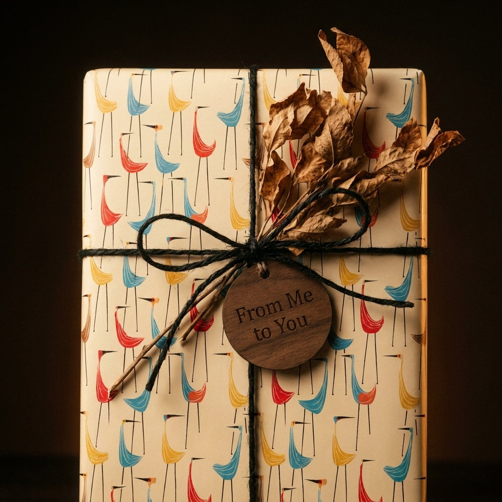 Mid-century modern bird gift wrap on a rustic package with wooden tag and black twine by Wrapped Studios.