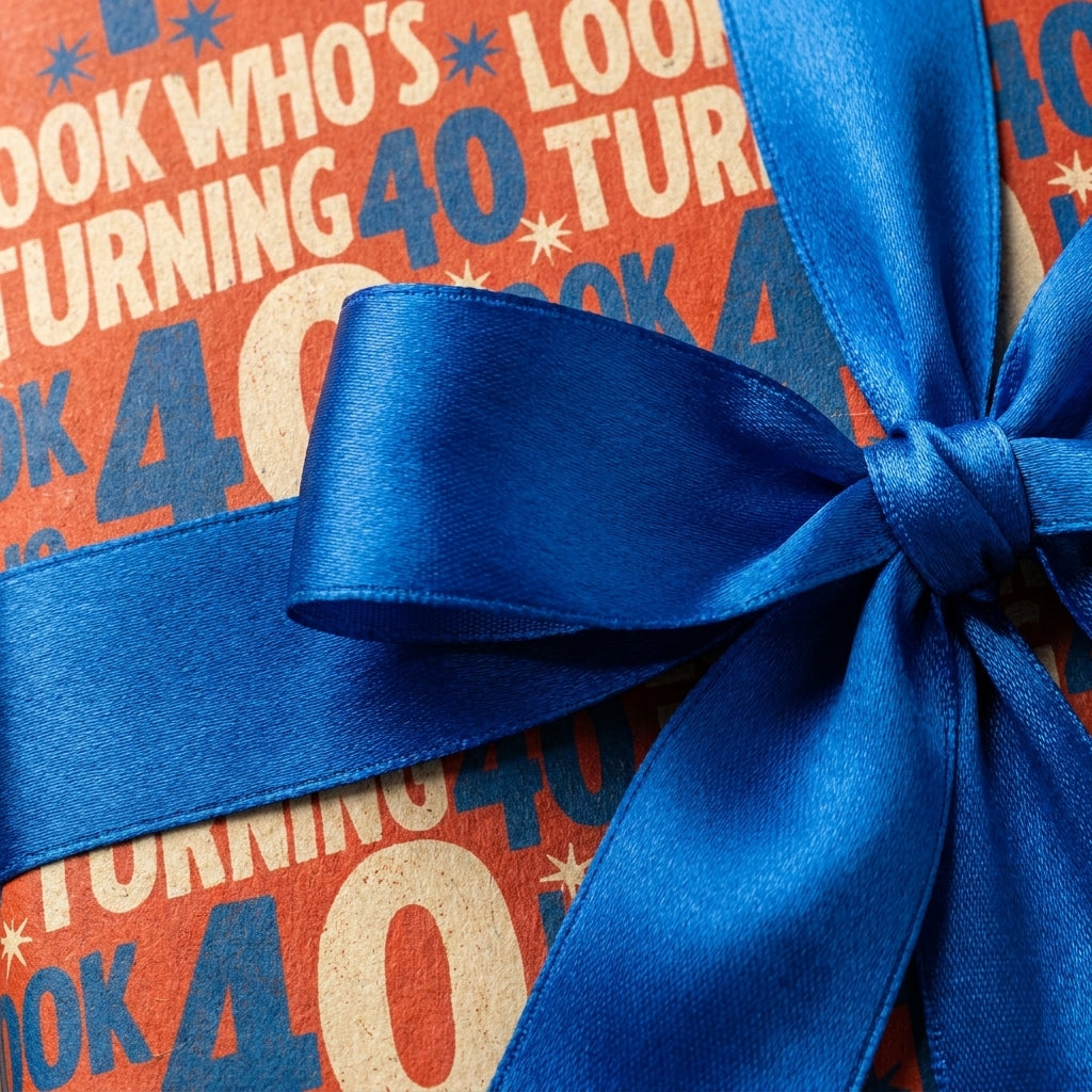 Look Who's Turning 40 birthday wrapping paper with a blue satin bow by Wrapped Studios.