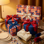 40th birthday wrapping paper in red and blue on luxury gift boxes with ribbons by Wrapped Studios.