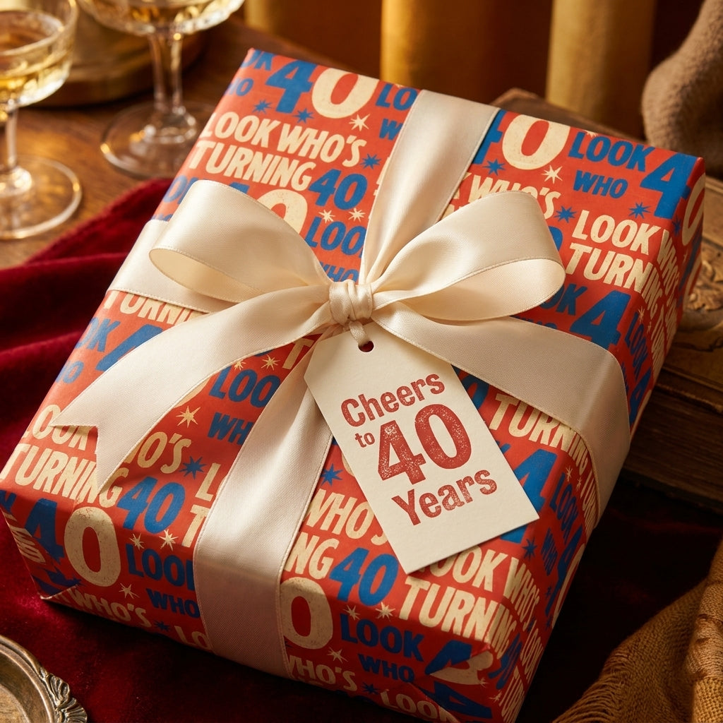 Red 40th birthday wrapping paper with a cream satin bow and "Cheers to 40 Years" tag by Wrapped Studios.