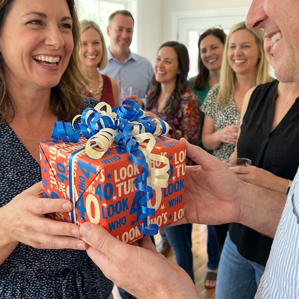 40th birthday wrapping paper on a gift given to a smiling woman at a party, by Wrapped Studios.