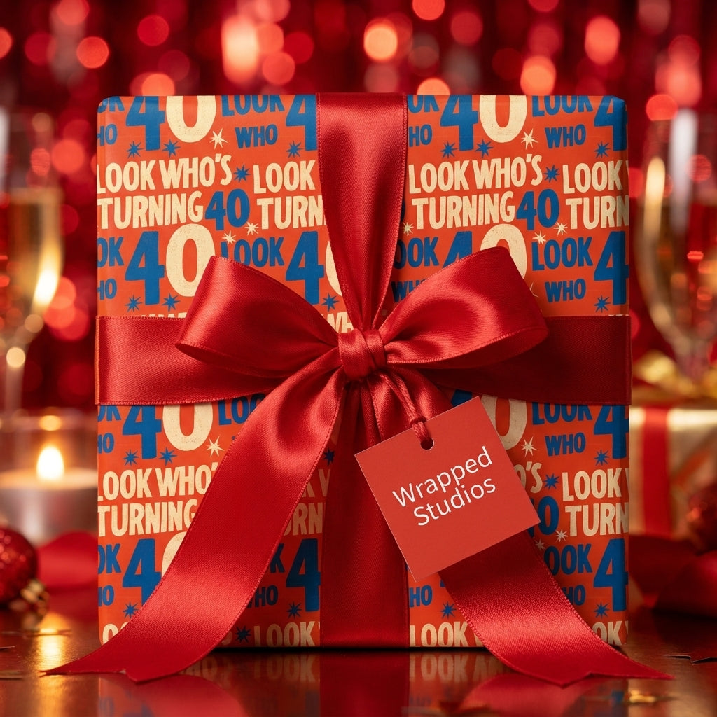 40th birthday wrapping paper with "Look Who's Turning 40" text and red satin bow by Wrapped Studios.