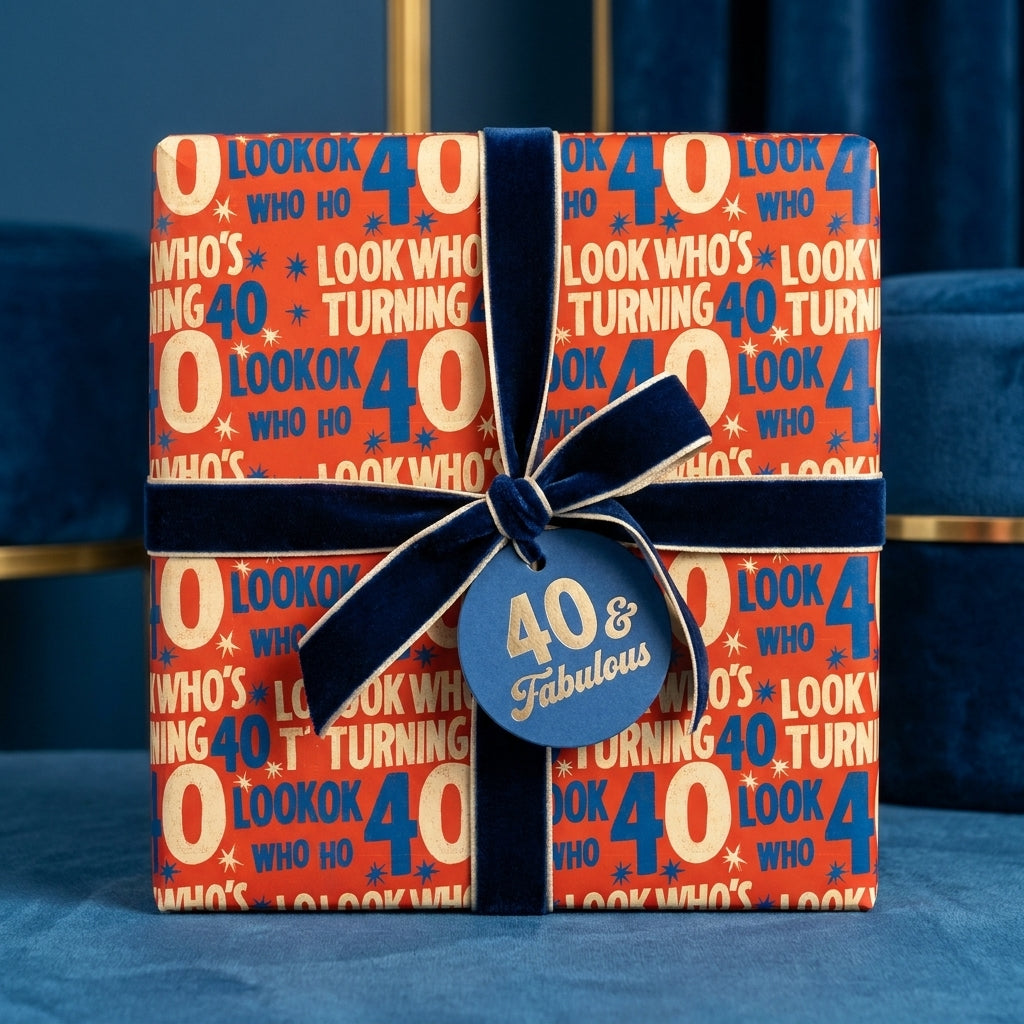 40th birthday wrapping paper with navy velvet bow and '40 & Fabulous' tag, by Wrapped Studios.