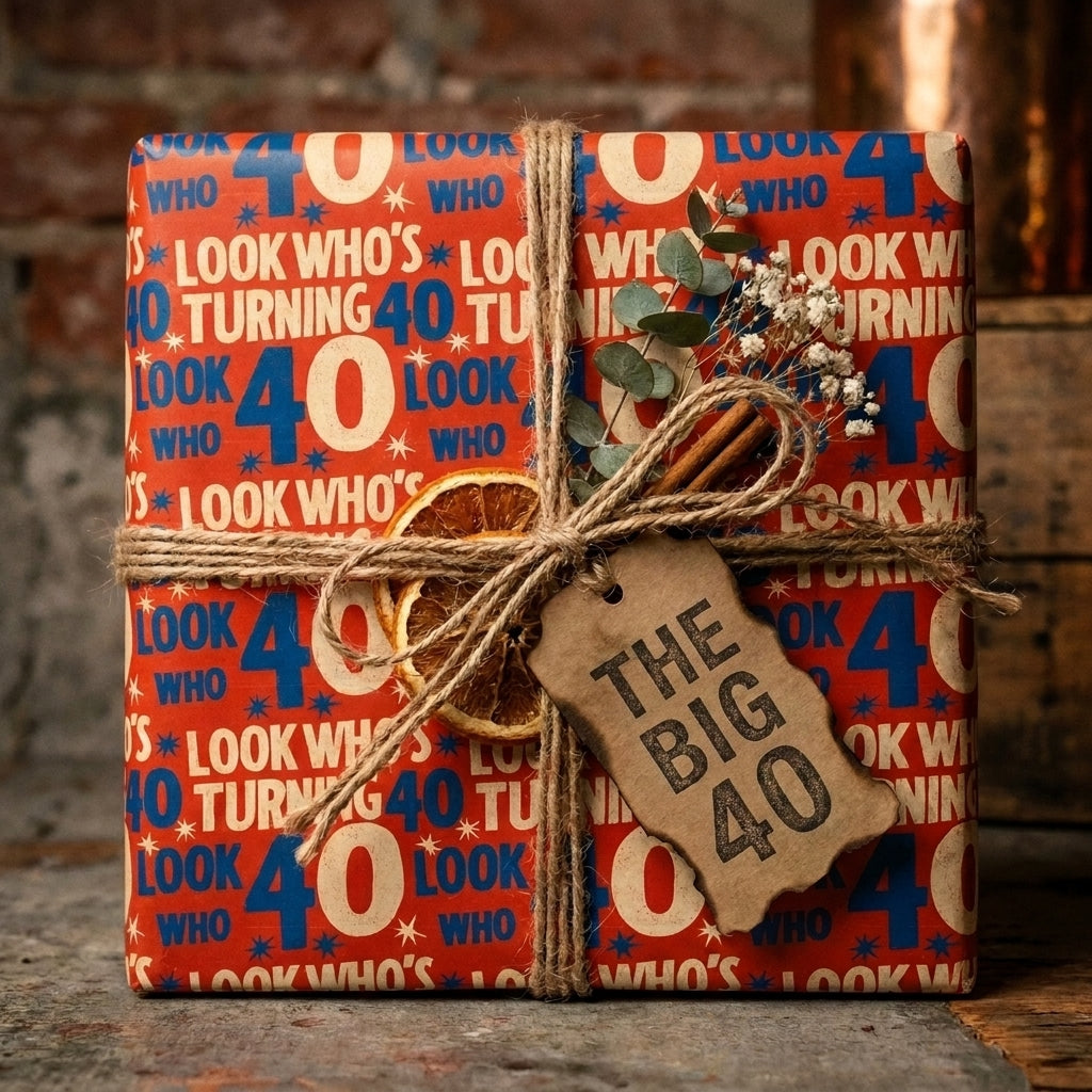 Retro 40th birthday wrapping paper in red and blue with rustic twine and tag by Wrapped Studios.