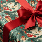 Vintage Christmas wrapping paper with retro holiday pattern and red satin ribbon bow by Wrapped Studios.