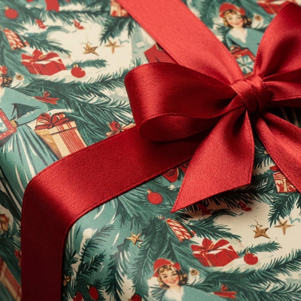 Vintage Christmas wrapping paper with retro holiday pattern and red satin ribbon bow by Wrapped Studios.