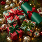 Vintage Christmas wrapping paper and luxury holiday gift wrap with velvet bows by Wrapped Studios.