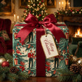 Vintage Christmas wrapping paper by Wrapped Studios with a luxury red satin bow in a cozy holiday setting.