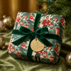 Vintage Christmas wrapping paper by Wrapped Studios with retro couple design, green velvet ribbon and gold tag.
