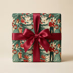 Retro Christmas wrapping paper with vintage illustrations and a burgundy satin ribbon by Wrapped Studios.