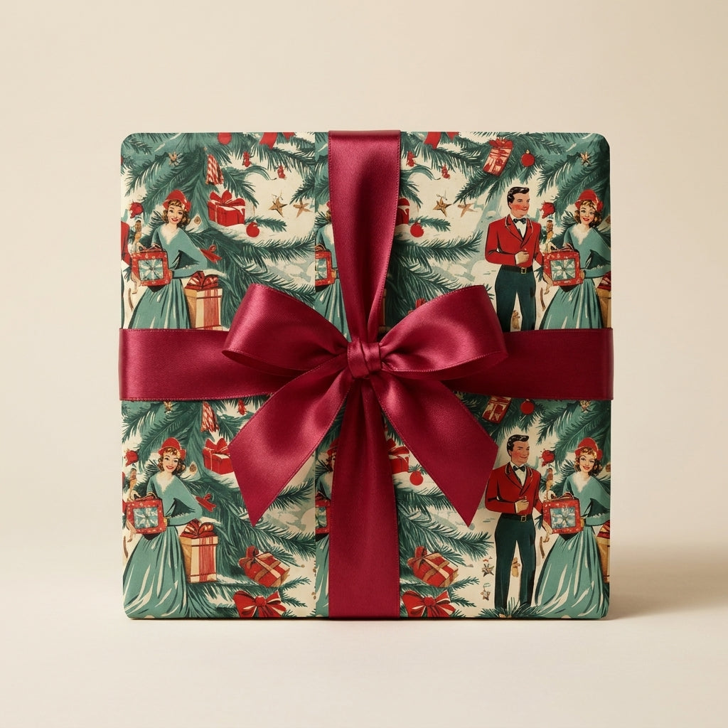 Retro Christmas wrapping paper with vintage illustrations and a burgundy satin ribbon by Wrapped Studios.