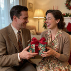 Retro couple exchanging a gift in vintage Christmas wrapping paper with a red bow, by Wrapped Studios.