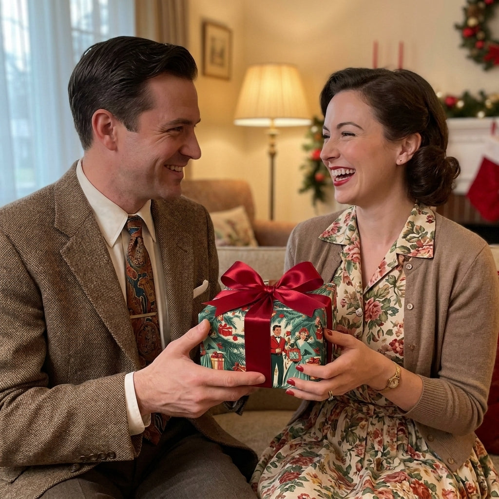 Retro couple exchanging a gift in vintage Christmas wrapping paper with a red bow, by Wrapped Studios.