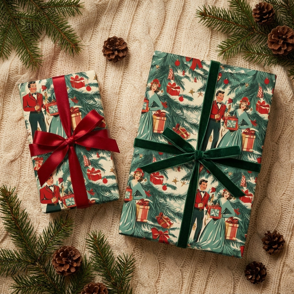 Vintage Christmas wrapping paper with retro holiday print and velvet ribbons by Wrapped Studios.