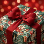 Retro Christmas wrapping paper featuring a vintage holiday pattern and red bow, by Wrapped Studios.