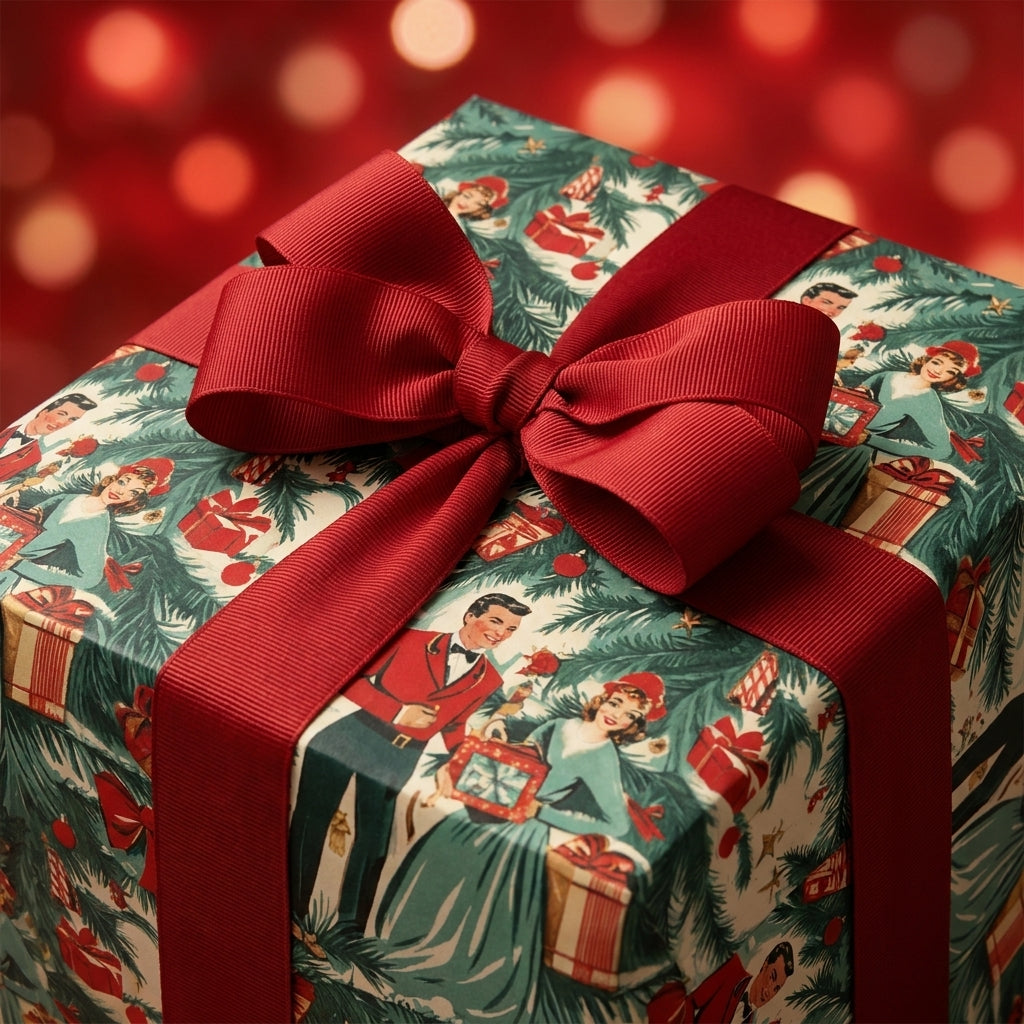 Retro Christmas wrapping paper featuring a vintage holiday pattern and red bow, by Wrapped Studios.