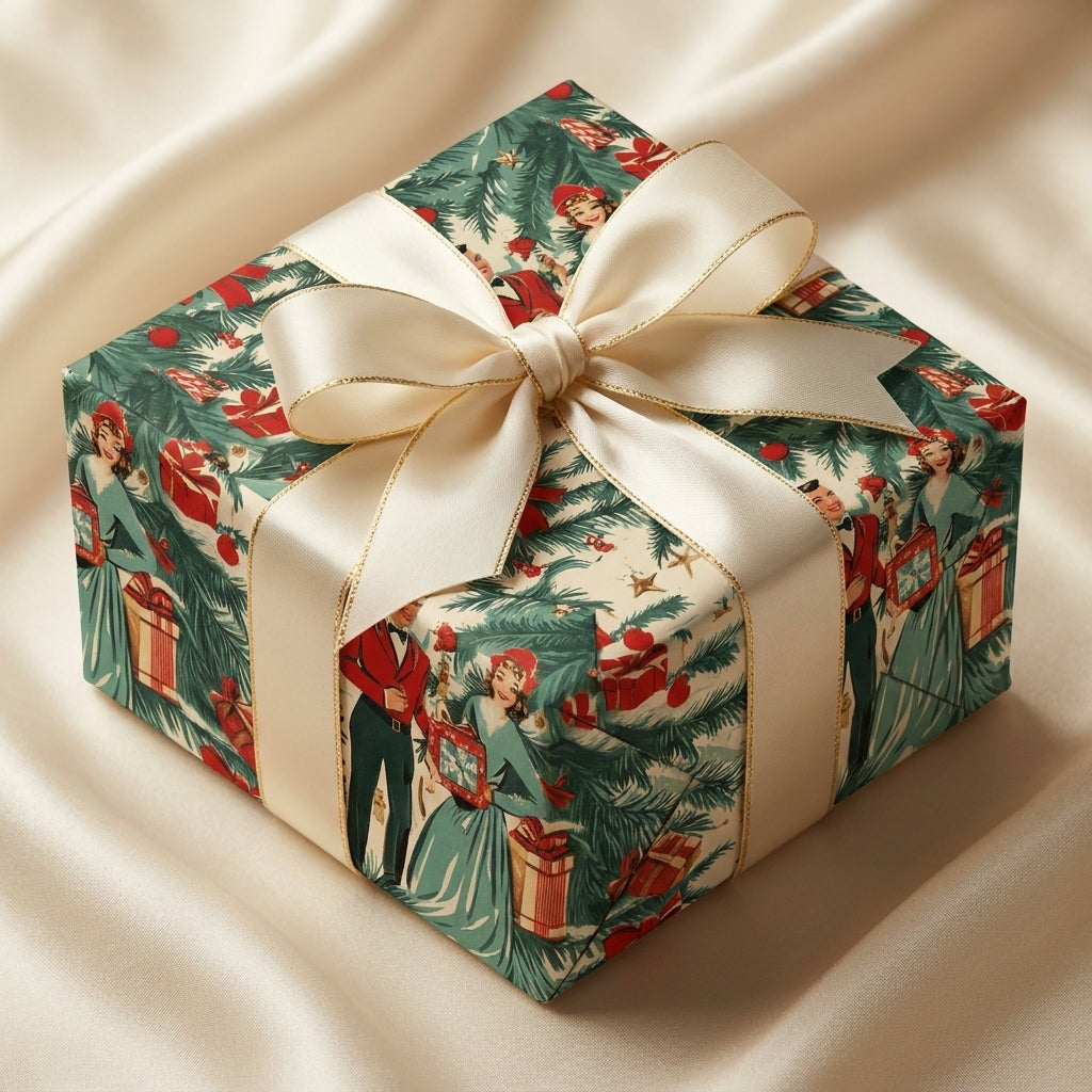 Vintage Christmas wrapping paper with a retro 1950s design and cream satin bow, from Wrapped Studios.