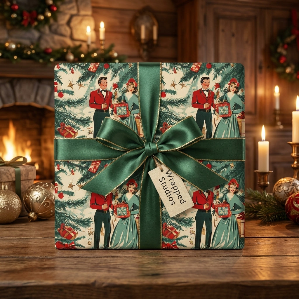 Vintage Christmas wrapping paper by Wrapped Studios with a green satin bow in a cozy holiday setting.